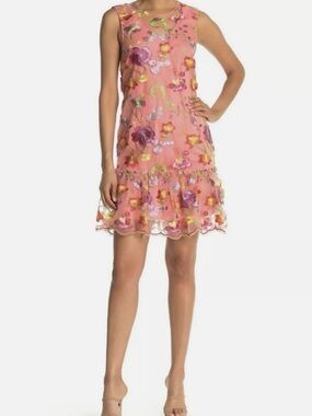 Trina Turk Coral Pink Floral Appliqué Sleeveless Dress